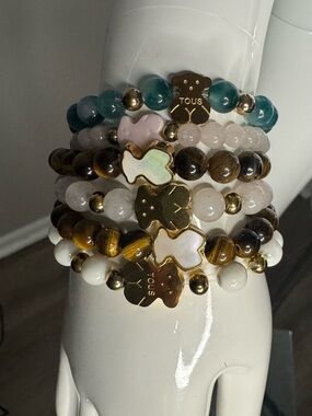 TOUS Multicolor Beaded Bear Charm Bracelet Stack - Green, Pink, White, Brown